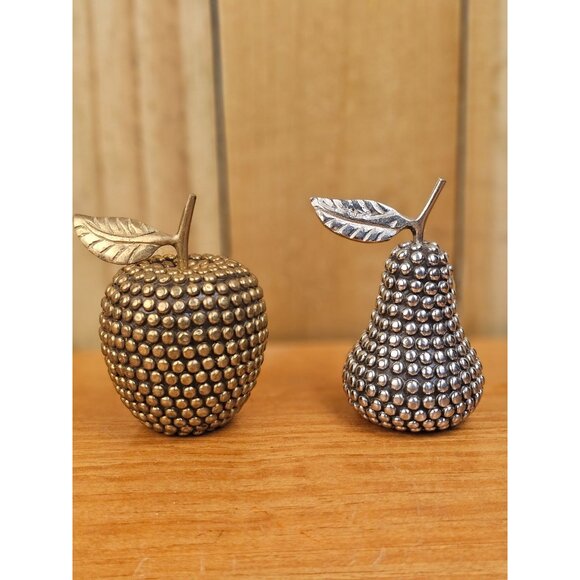 Pair of Studded Decorative Brass and Silver Toned Apple and Pear - Picture 5 of 6
